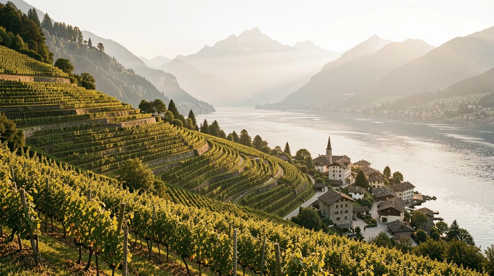 Terraced vineyards above Lake Lugano at golden hour